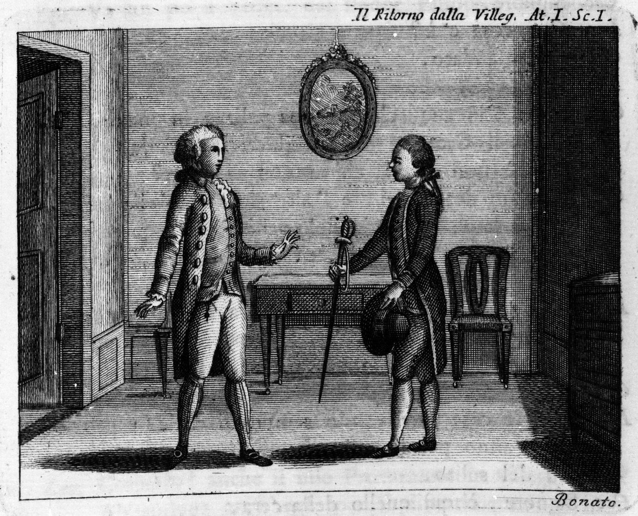 Scene 1 i akt I af tegneserien "" Ritorno della villeggiatura"" (Byens tilbagevenden) (1761) af Carlo Goldoni (1707-1793). Indgravering af det 18. århundrede af Italian School