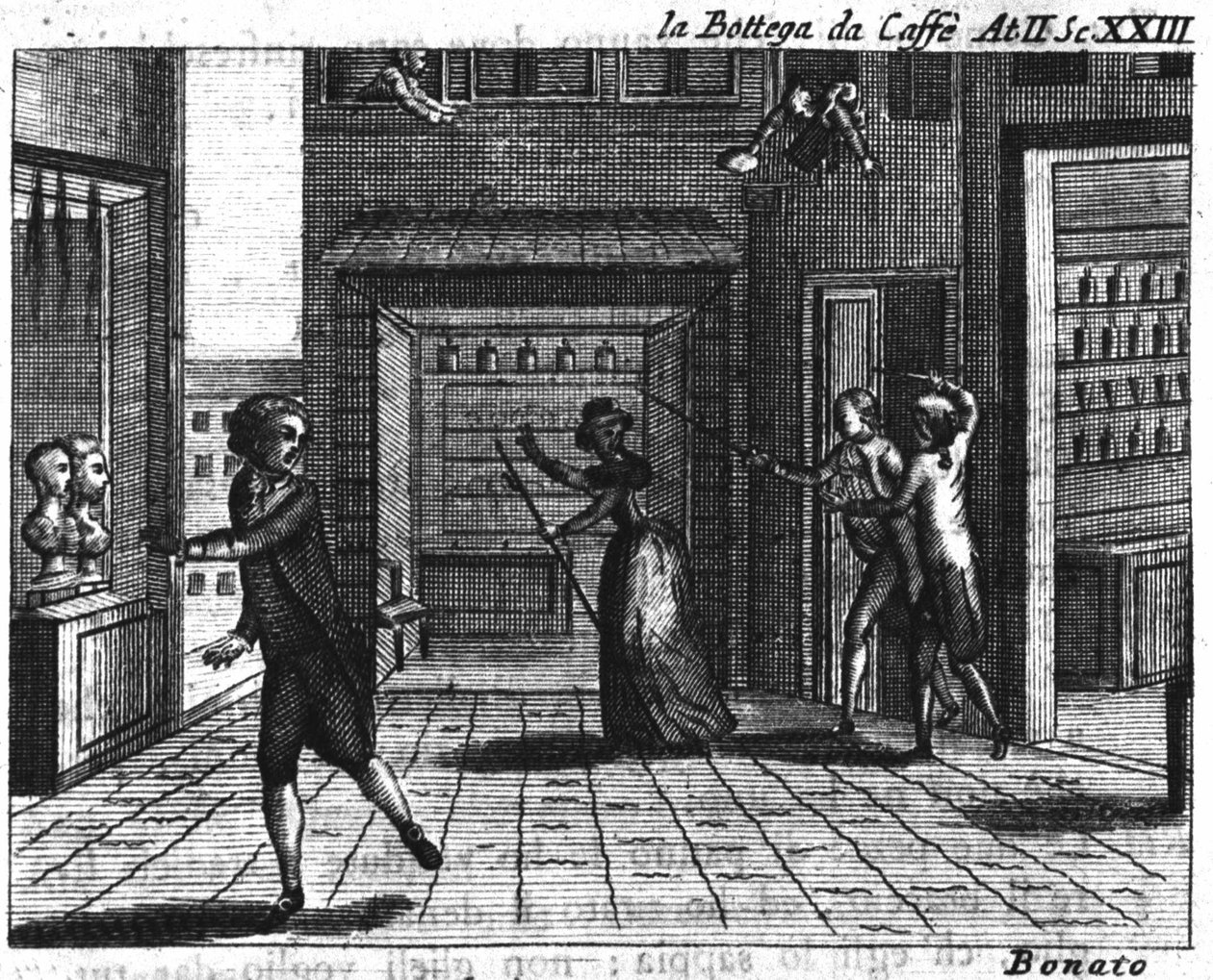 Scene 23 i akt II af tegneserien "" La bottega del caffe"" (Cafeen) (1750) af Carlo Goldoni (1707-1793): spilleborde. Stik af det 18. århundrede af Italian School