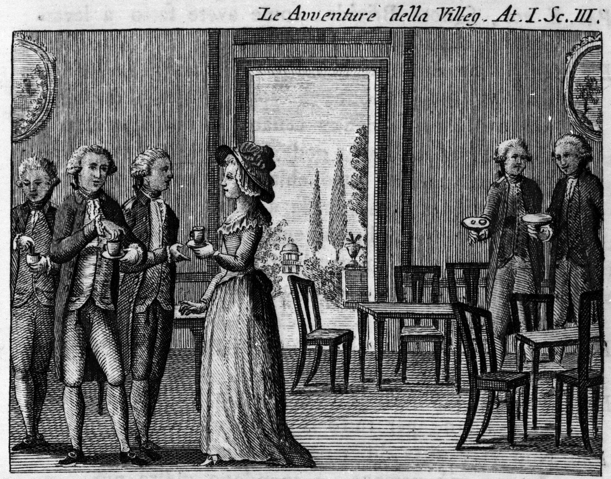 Scene 3 i 1. akt af tegneserien "" The avventure della villeggiatura"" (Byens eventyr) (1756) af Carlo Goldoni (1707-1793). Indgravering af det 18. århundrede af Italian School