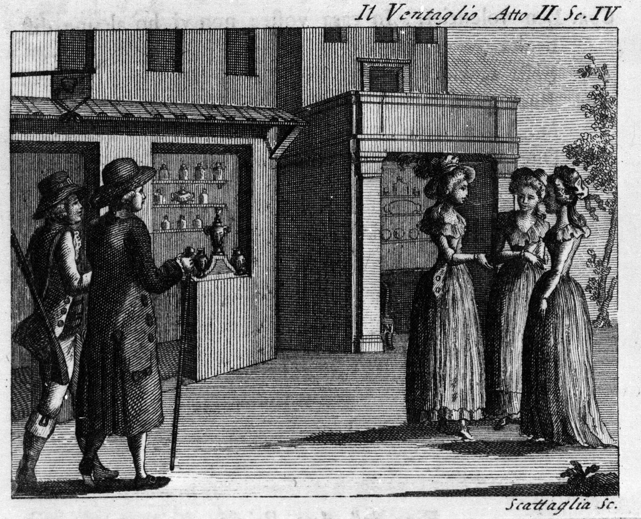 Scene 4 i akt II af tegneserien "" Il ventaglio"" (The eventel) (1764) af Carlo Goldoni (1707-1793). Indgravering af det 18. århundrede af Italian School