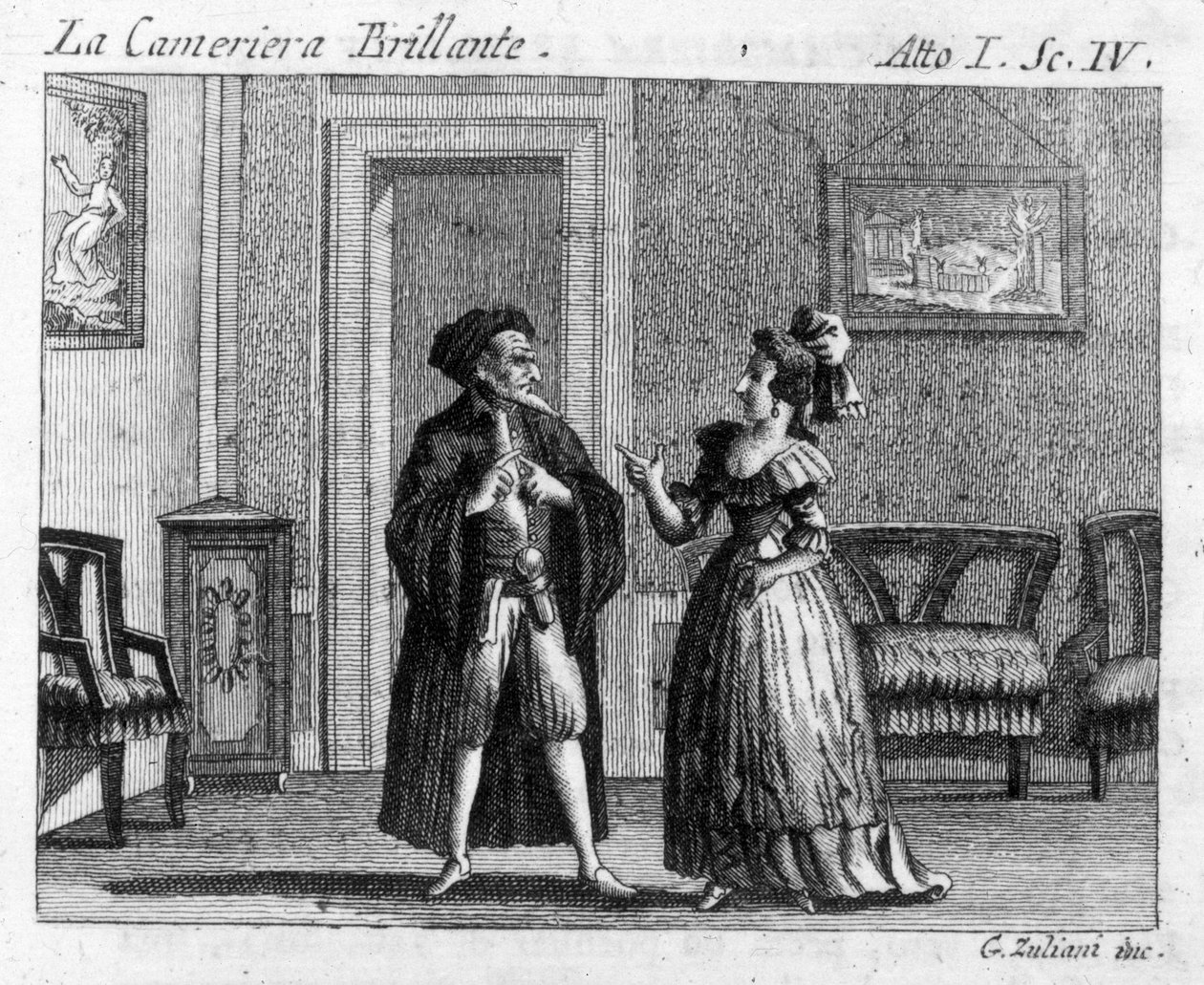 Scene 4 i 1. akt af tegneserien "" La cameriera brillante"" (Den geniale stuepige) (1754) af Carlo Goldoni (1707-1793): spilleborde. Indgravering af det 18. århundrede af Italian School