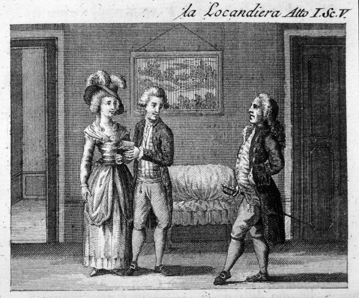Scene 5 i 1. akt af stykket "La locandiera"" (1753) af Carlo Goldoni (1707-1793). Indgravering af det 18. århundrede af Italian School