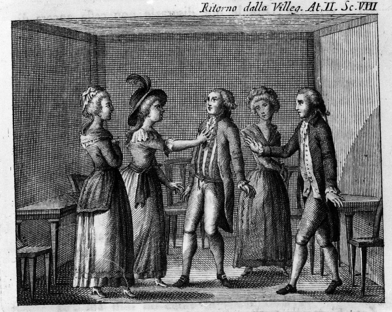 Scene 8 i akt II af tegneserien "" Ritorno della villeggiatura"" (Byens tilbagevenden) (1761) af Carlo Goldoni (1707-1793). Indgravering af det 18. århundrede af Italian School