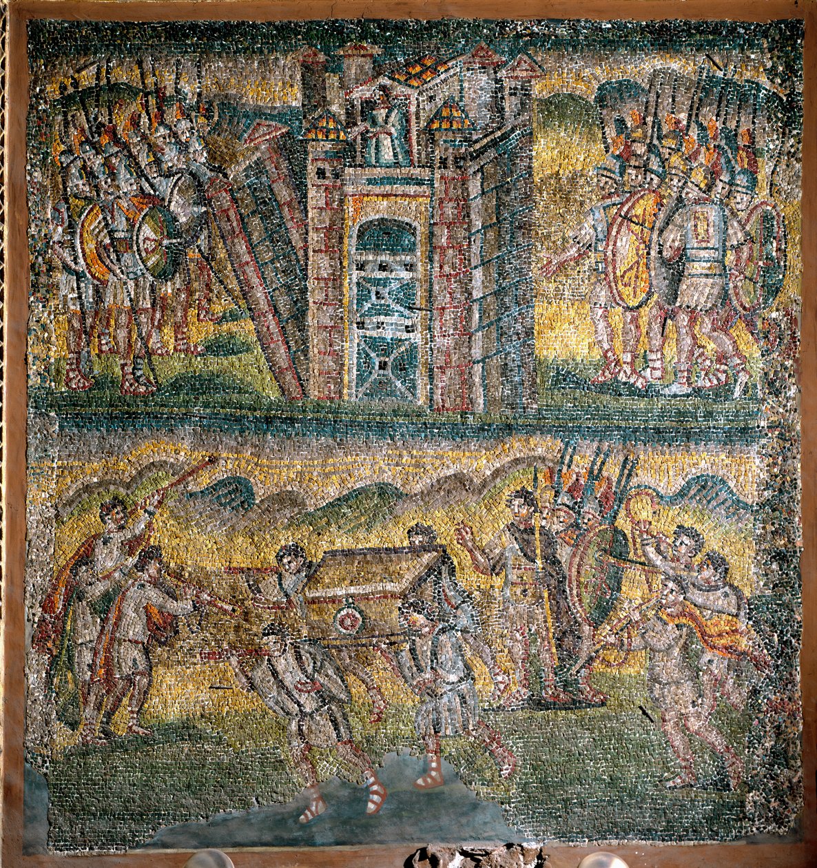 Scener fra Josvas Bog: Indtagelsen af Jeriko, De syv præster, der bærer Pagtens Ark (mosaik) af Italian School