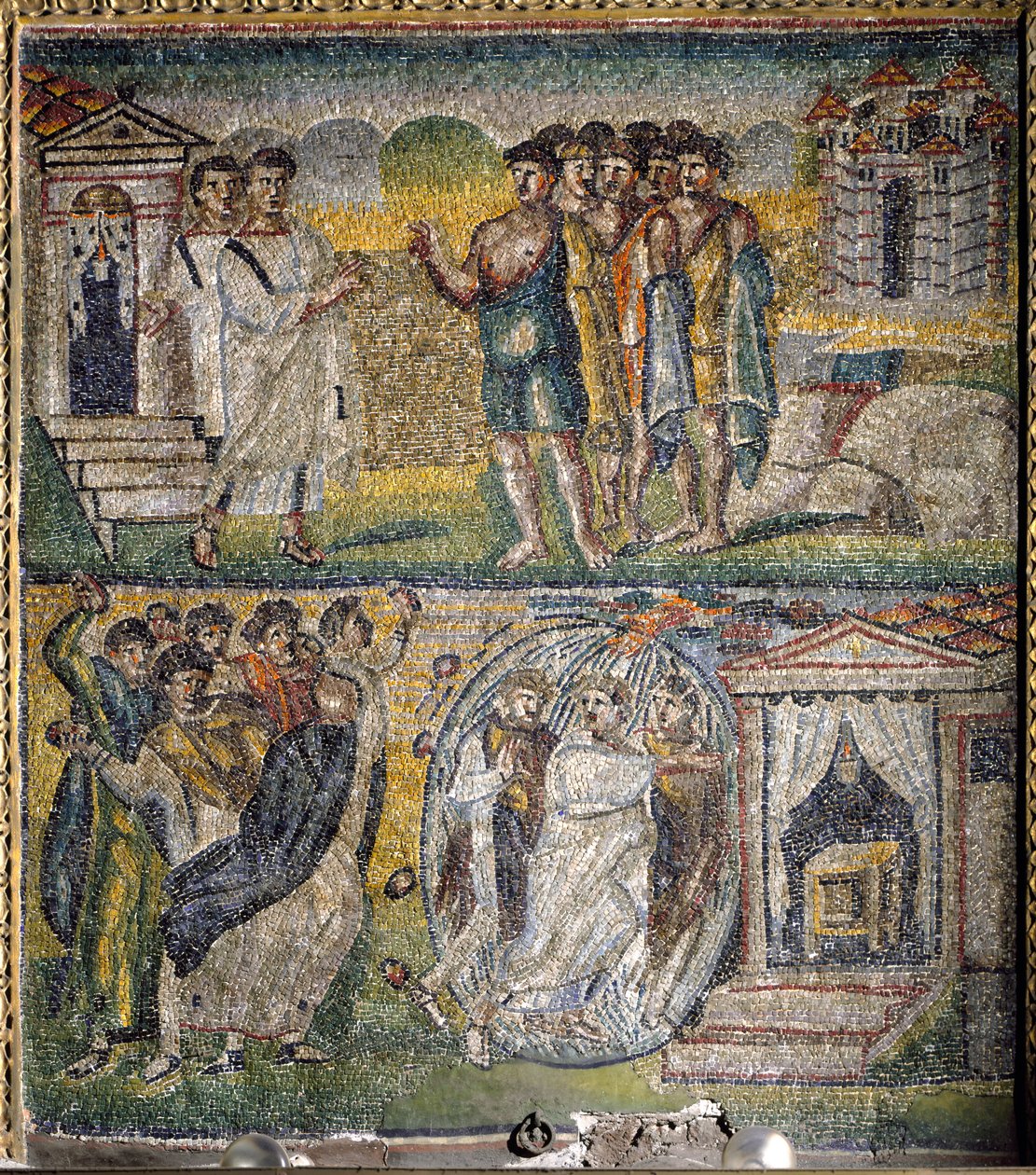 Scener fra The Life of Moses: tilbagevenden af de tolv spioner sendt af Moses til det forjættede land, Forsøg på stening af Moses (mosaik) af Italian School