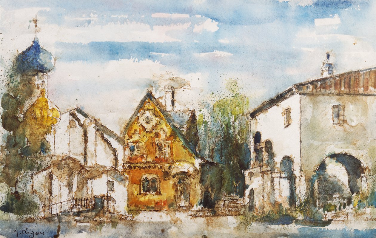 Scenografi af Rigon til operaen Coppelia, af Leo Delibes (1836-1891), for La Scala Theatre, Milano Watercolor af Italian School