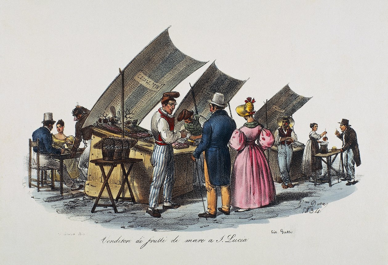 Fisk og skaldyrssælger i Santa Lucia, Napoli, Italien af Italian School