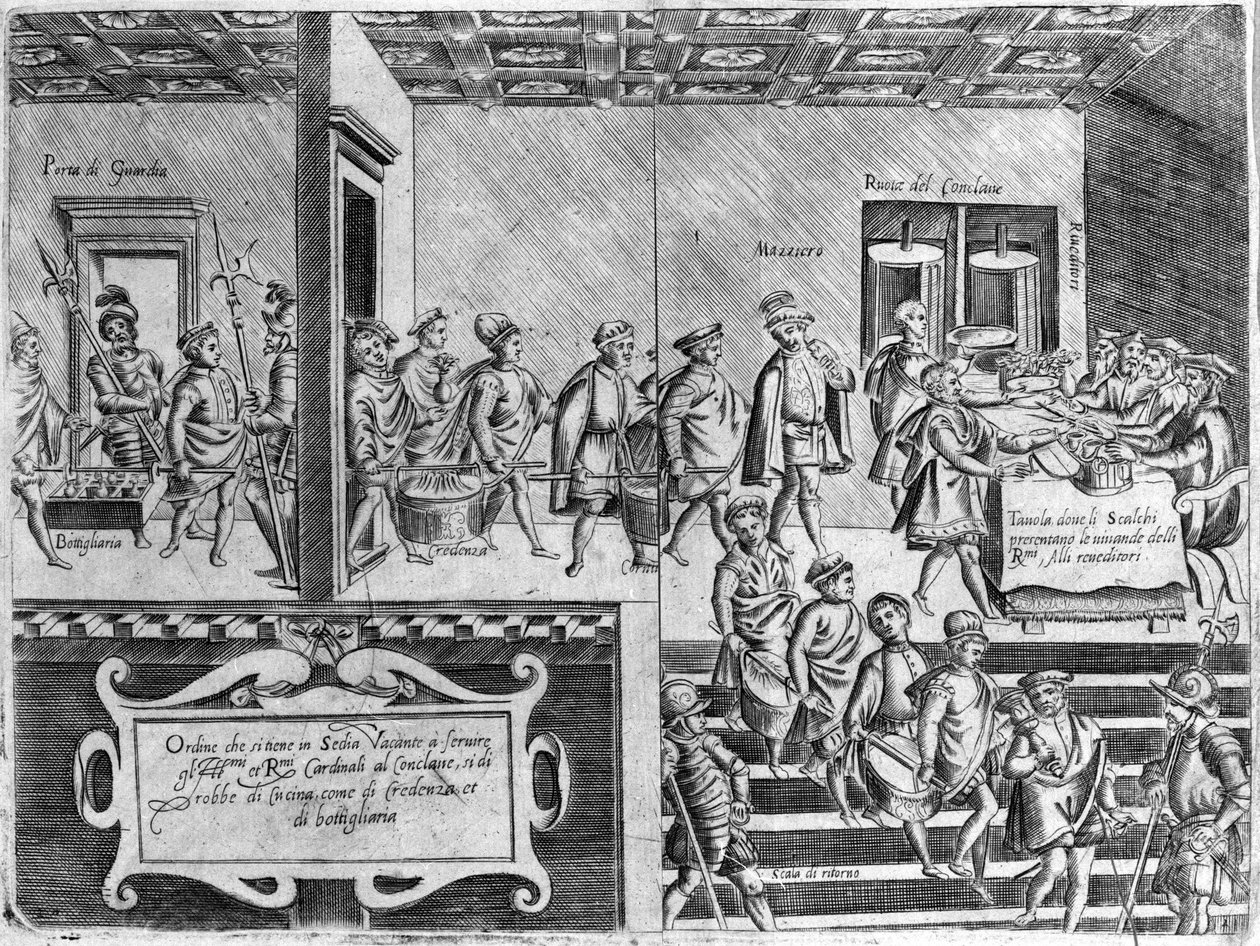 Tjeneste af kardinalerne under en konklave. Gravering fra "Opera", Book on Gastronomy opdelt i 6 dele, af Bartolomeo Scappi, personlig kok af pave Pius V. Venedig af Italian School