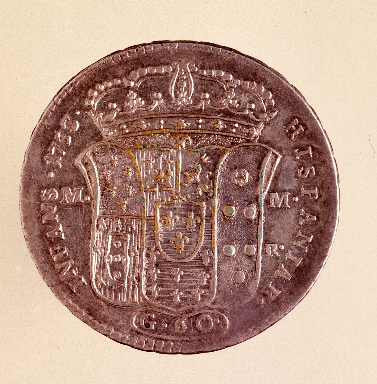 Sølv piastra fra Napoli: Karl III af Spaniens regeringstid (1716-1788). 1750. Diameter. 4 cm Napoli, arkæologisk museum af Italian School