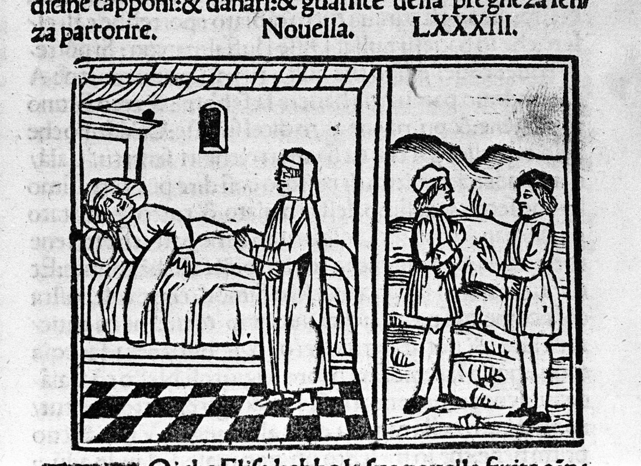 Simone får Calandrino til at tro, at han har et barn i maven. Illustration til nyhederne 83 (Ny 3 af den niende dag) af "Decameron"" af Giovanni Boccaccio dit Jean Boccaccio (1313-1375), italiensk forfatter. Gravering i "" Decamerone over Cento nouell af Italian School