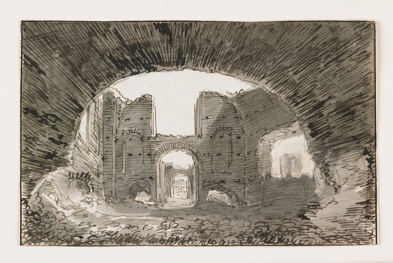 Skitse af Caracalla-badene, begyndelsen af det 19. århundrede (pen og brunt blæk med grå vask over sort kridt) af Italian School