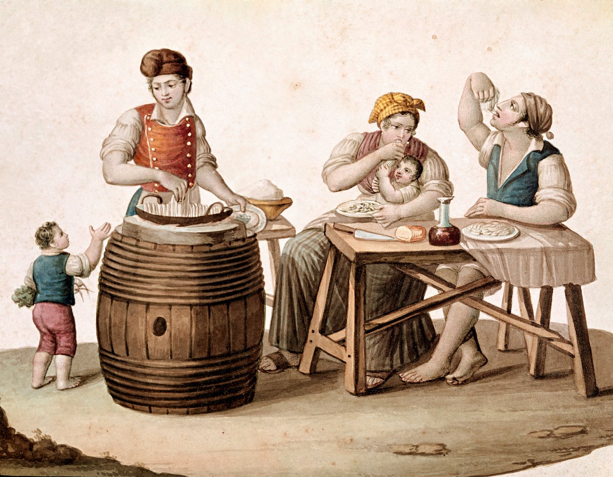 Lille napolitansk metier: en maccheroni-sælger, ved siden af ham en familie ved bordet, der spiser med hænder - (gammel handel: maccheroni-sælger og kunder, der spiser italiensk pasta) Akvarel af det 19. århundrede Museo Nazionale di San Martino Napoli af Italian School