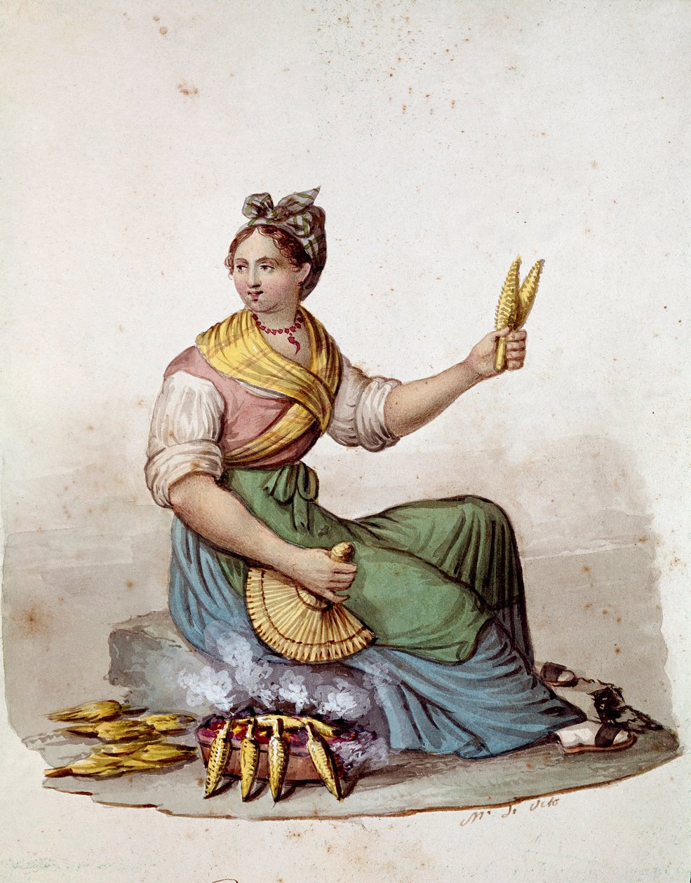 Lille napolitansk metier: en sælger af majsriste - (gammel handel: sælger af grillet majs) Akvarel Museo Nazionale di San Martino Napoli fra det 19. århundrede af Italian School