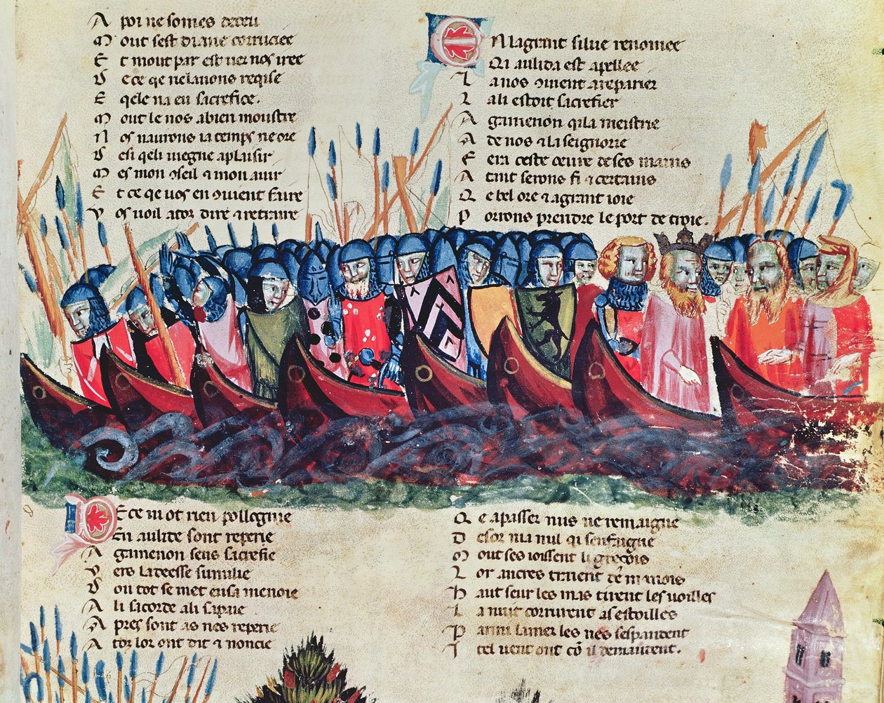Soldater i deres skibe, fra Codex Benito de Santa Mora af Italian School