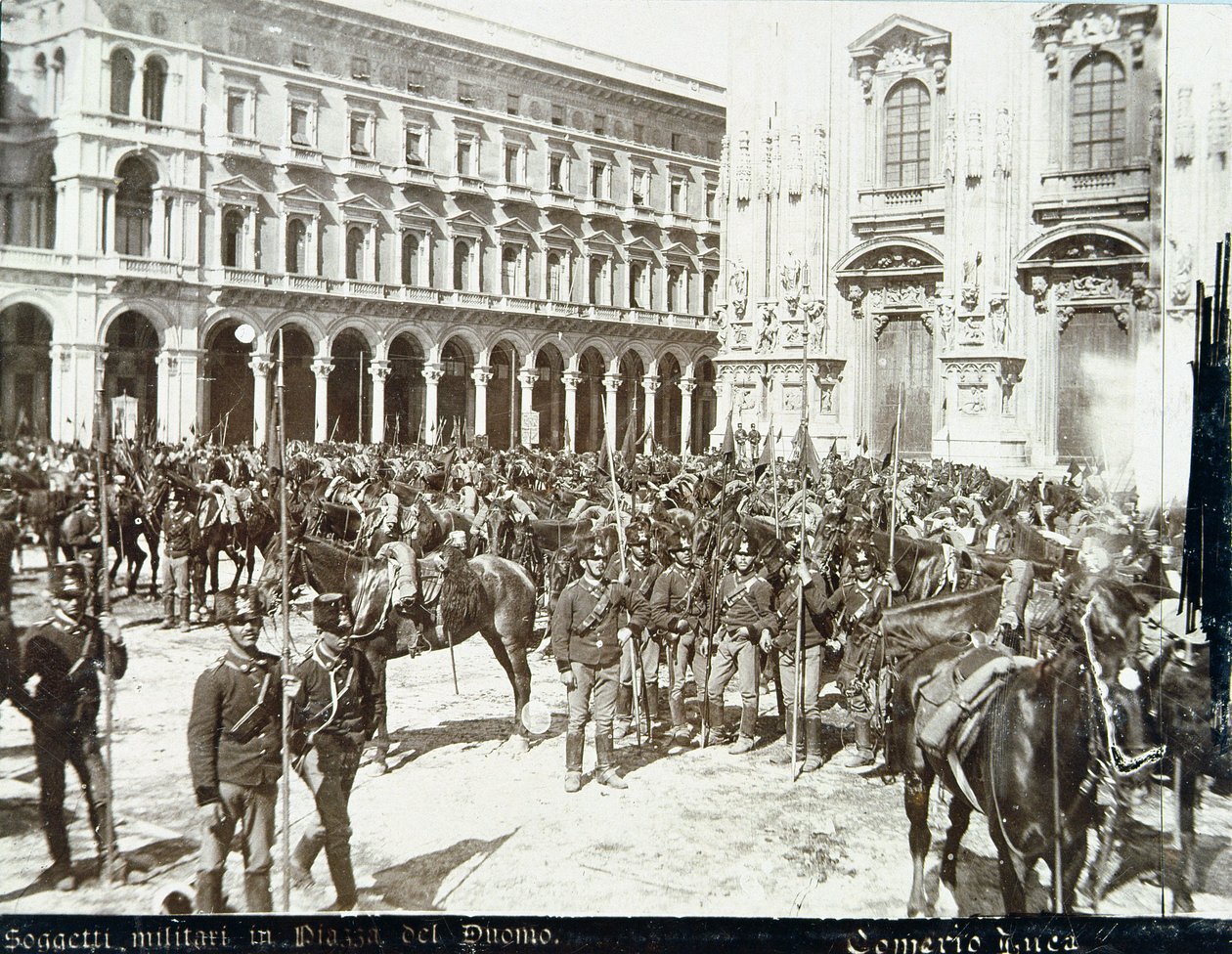 Soldater, under kommando af general Bava Beccaris, foran katedralen, under optøjerne i Milano, 6.-9. maj 1898 af Italian School