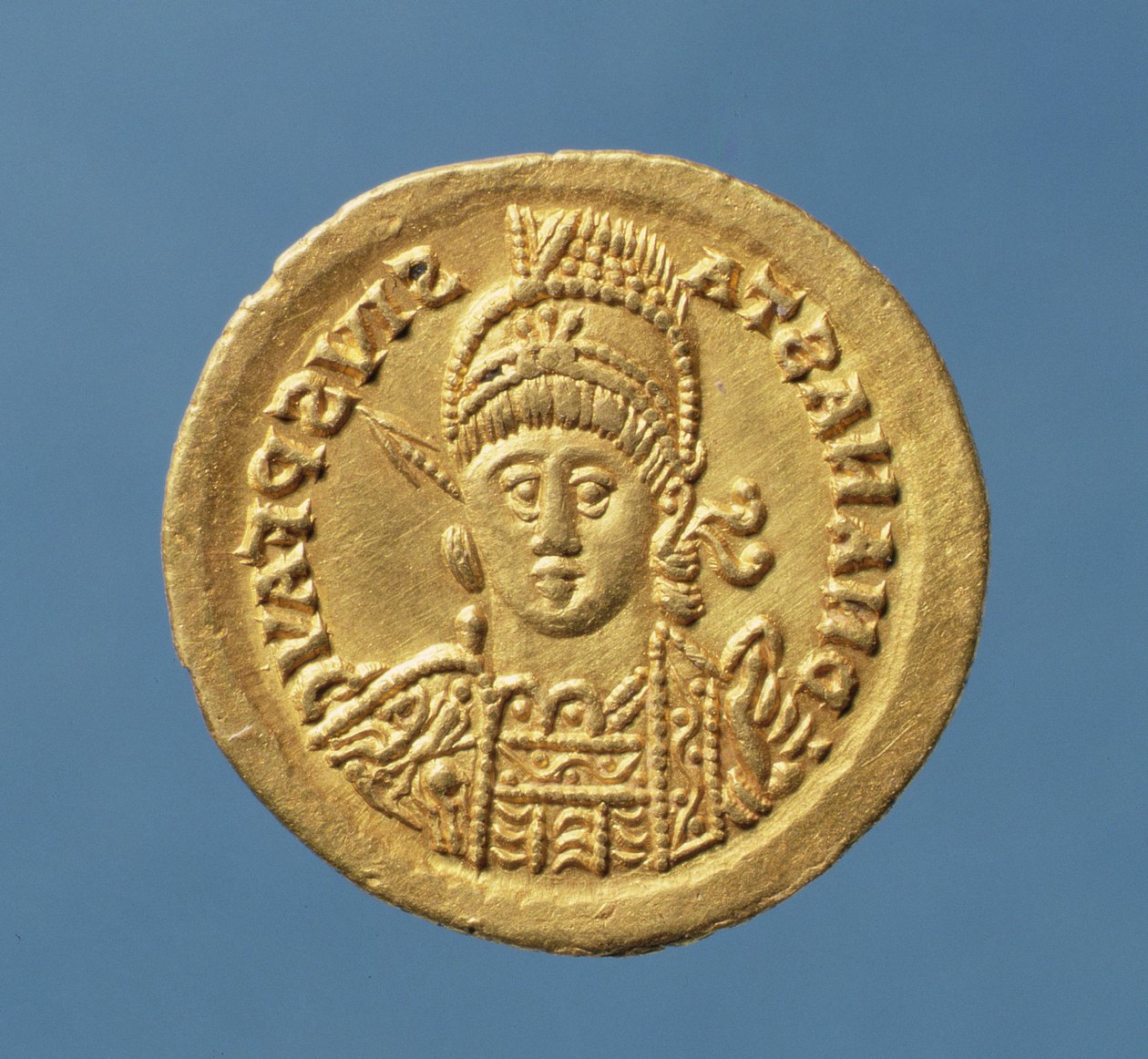 Solidus (forside) præget af Theodoric I (AD 471-AD 526) Østgotisk konge af Italien kopierer en solidus af Anastasius byzantinske kejser (AD 491-AD 518) (guld) Inskription: DN ANASTASIVS P F AVG af Italian School