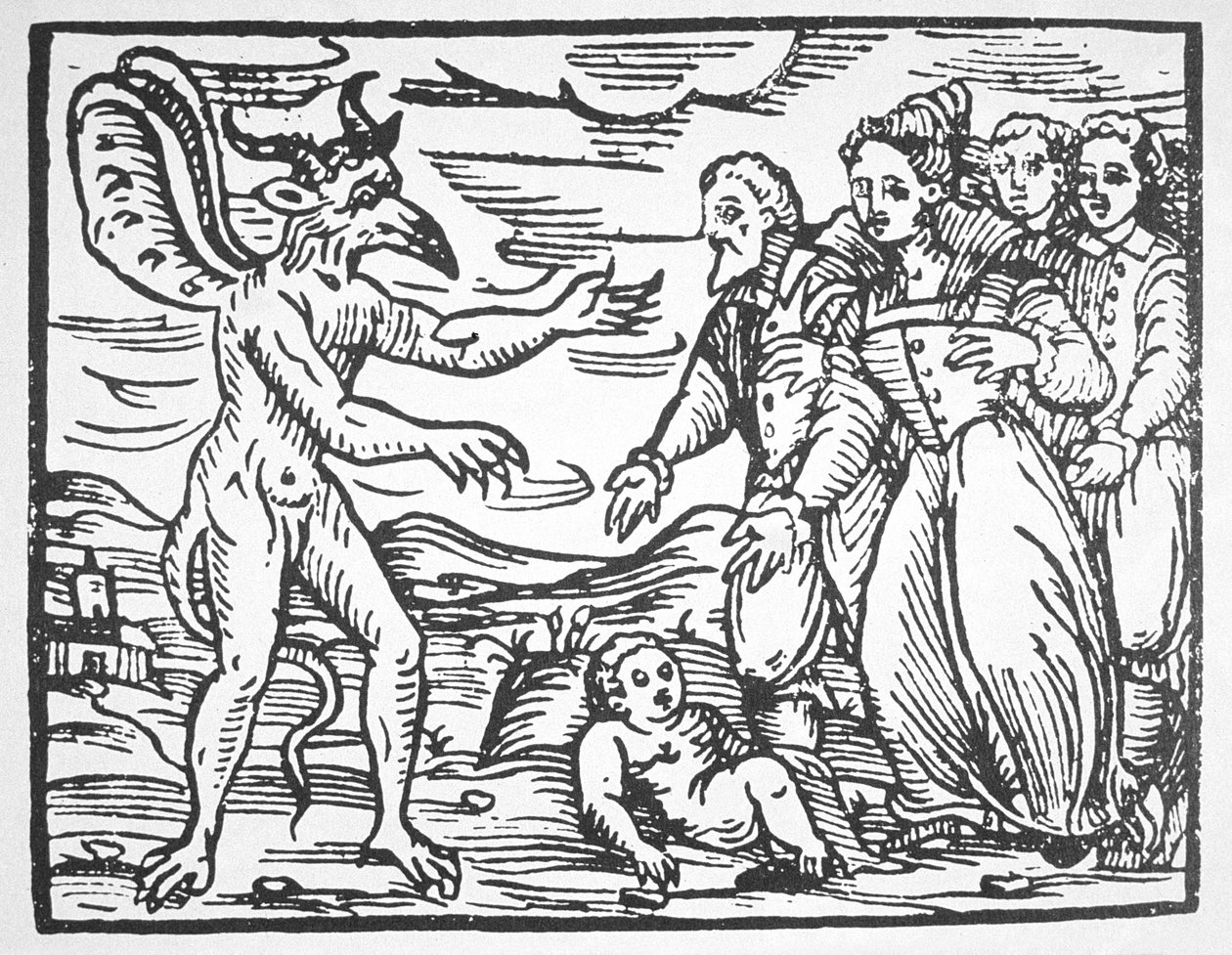 Troldmænd, der præsenterer et barn for Djævelen, fra Compendium Maleticarum af p. M. Guaccius (1608) illustreret i en magisk historie udgivet i slutningen af det 19. århundrede af Italian School