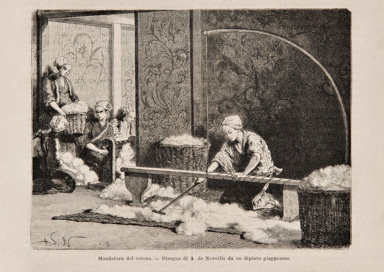 Spinning Cotton, Japan, fra den italienske udgave af Tour du Monde, 1869 af Italian School