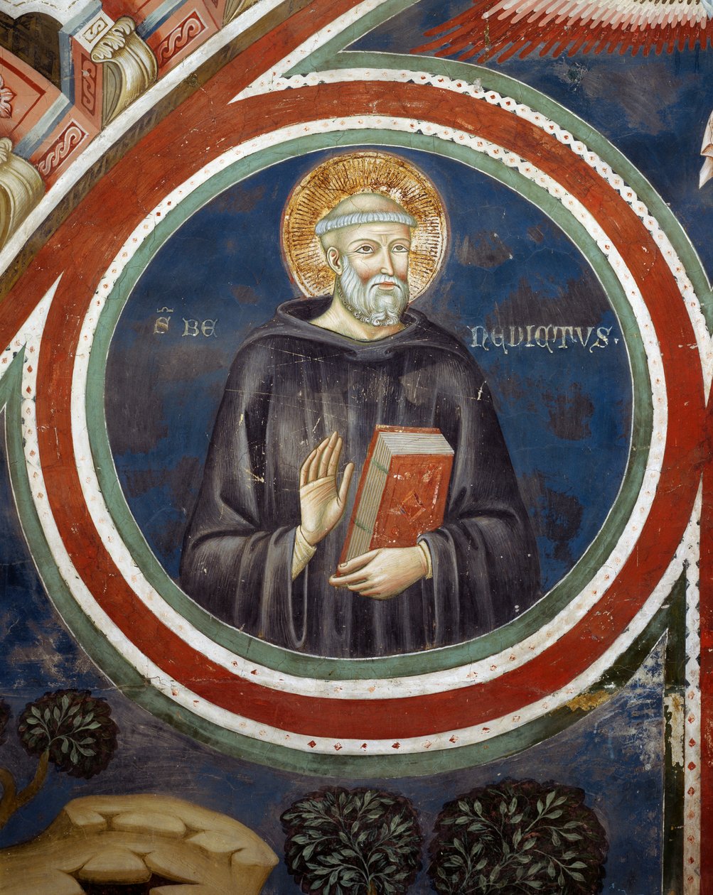 St. Benedikt, freskomaleri af den anden kollaboratør af Consolo eller Magister Consolus, nedre kirke i klosteret i den hellige hule, Subiaco, Italien af Italian School