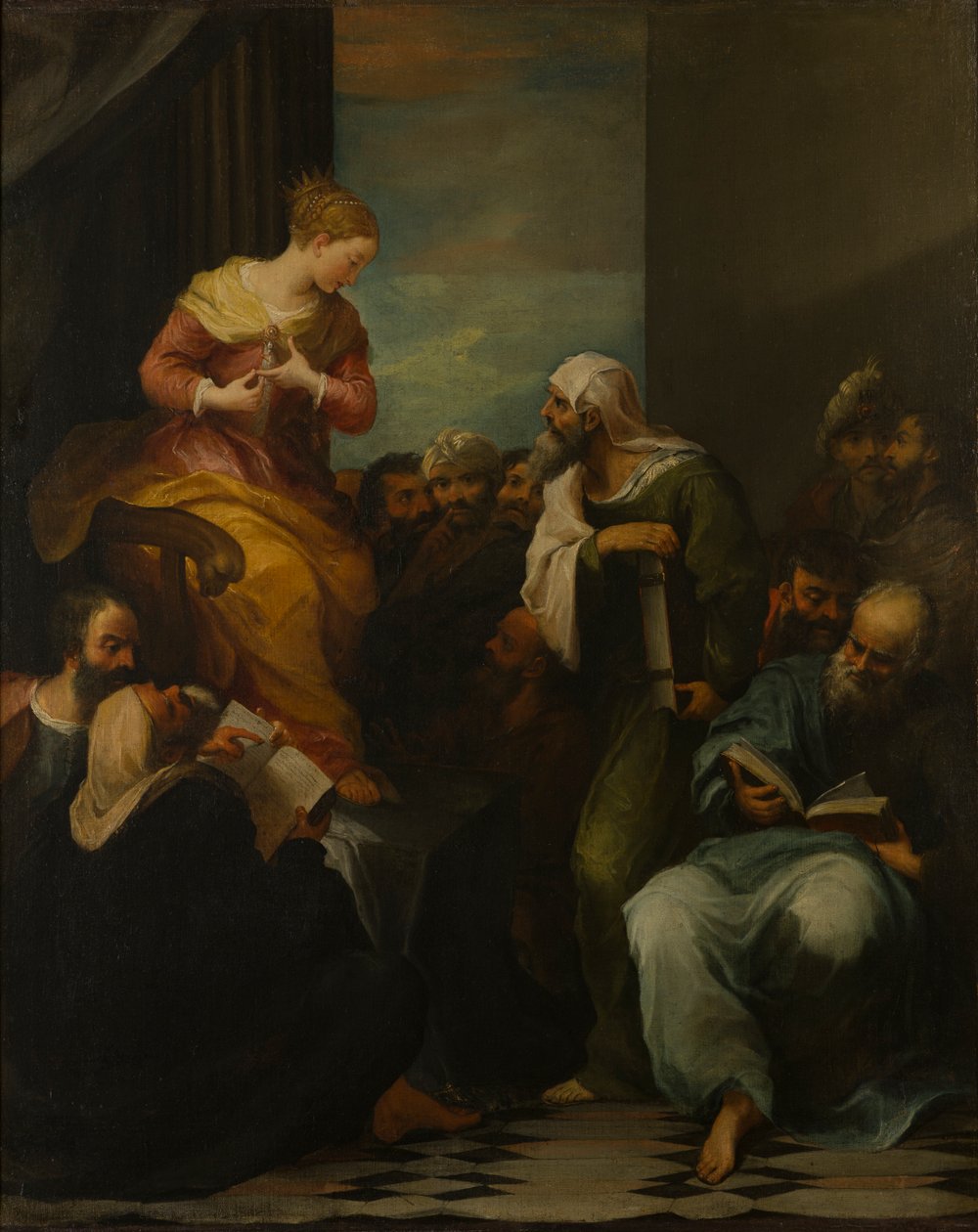 Den hellige Katarina i strid med dommerne, ca. 1650-1710 (olie på lærred) af Italian School