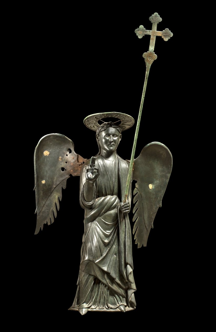 St. Gabriel Ærkeengel holder et processionskors, bronzestatue fra det 12. århundrede, kors af 1369 af Italian School