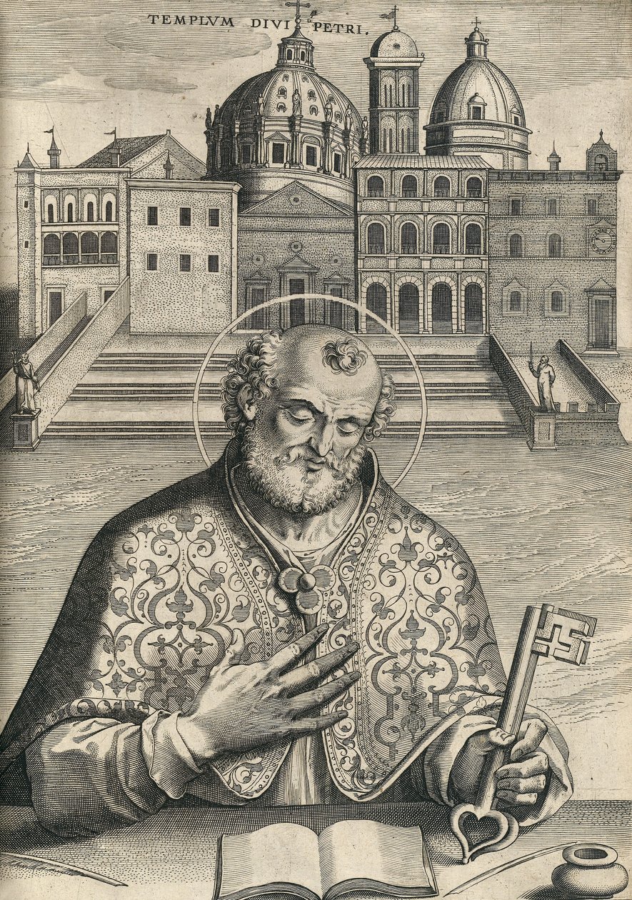 St Peter foran St Peters Basilica fra Septem Urbis Primariae Church, pub. 1599 af Italian School