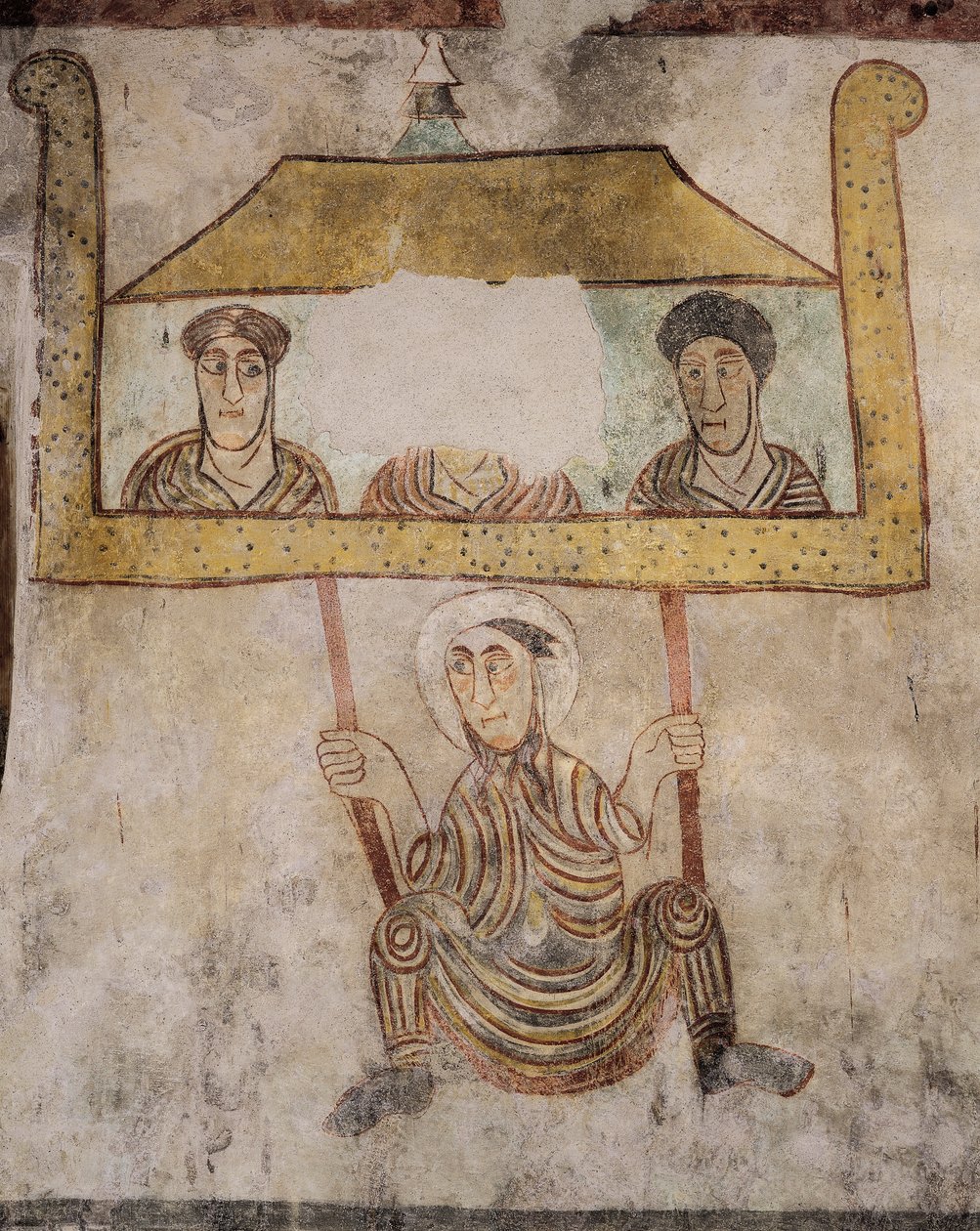 St. Proculus svingende på reb, detaljer fra fresker (8. århundrede), St. Proculus kirke, Naturno, Val Venosta, Trentino-Alto Adige, Italien af Italian School