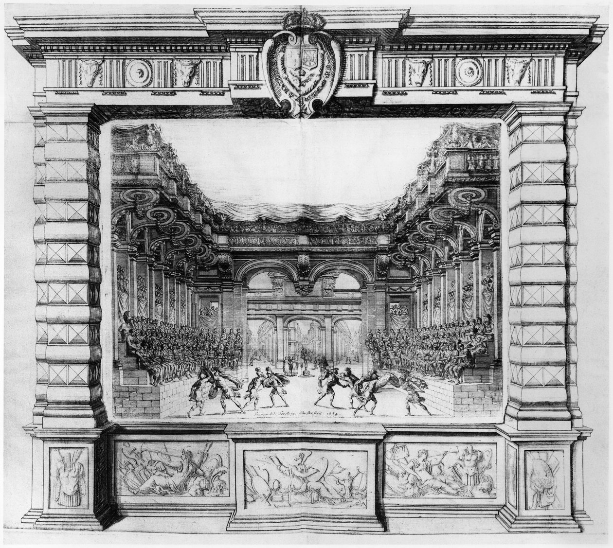 Scenedesign af Giacomo Torelli (1608-78) for la Finta Pazza opført i 1645 på Theatre Petit Bourbon i Paris, 1654 af Italian School