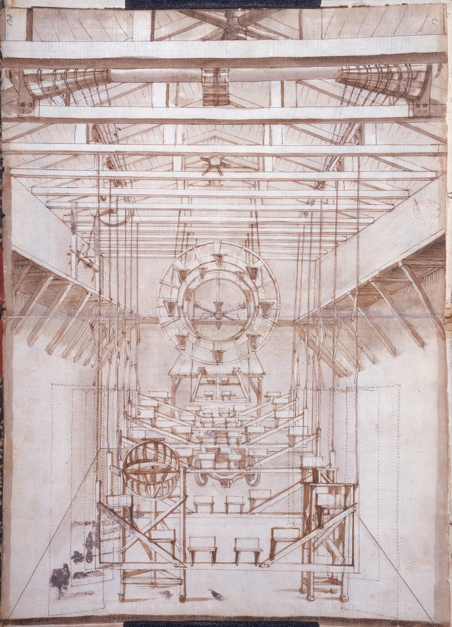 Scenemaskineri til operaerne ved San Salvatore-teatret i Venedig, 1675 (pen og blækvask på papir) af Italian School