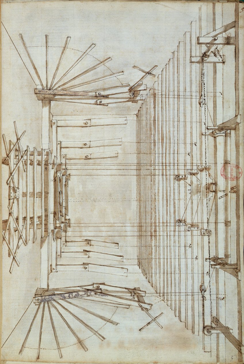 Scenemaskineri til operaerne ved San Salvatore-teatret i Venedig, 1675 (pen og blækvask på papir) af Italian School