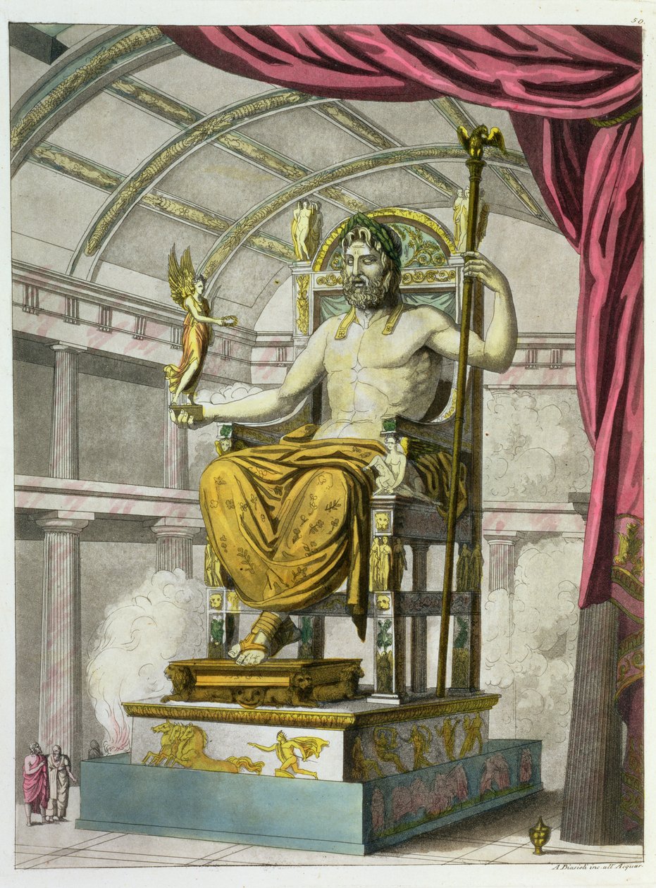 Statue af Jupiter i et tempel, fra Costumi dei Romani, indgraveret af Angelo Biasioli (1790-1830), ca. 1805-20 (akvatint) af Italian School