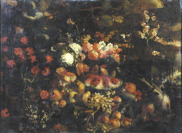 Stilleben med frugt og putti (olie på panel) af Italian School