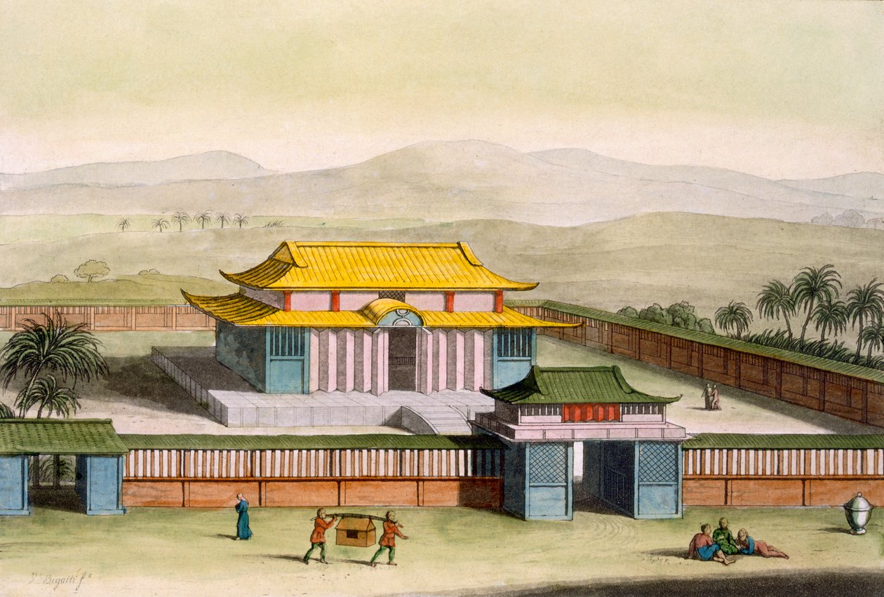 Temple Daibods i et kompleks på landet, fra Costume dei... af Giulio Ferrario, ca. 1820