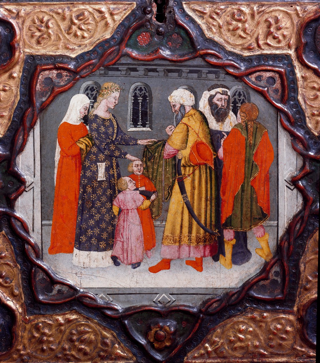 Tiende dag, niende nyhed: Messer Torellos og Saladins dag (1138-1193) (Salah al Din Yusuf al-Ayyubi (al Ayyubi). Malet æske, der illustrerer "Decameron" "af Giovanni Boccaccio (Jean Boccaccio) (1313-1375) ) ). 15. århundrede. Firenze, Museo Nazionale del B af Italian School