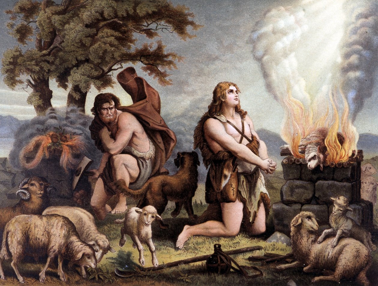Lammets tilbedelse (Kain og Abel) - Cain et Abel (som ofrer et får) i "Golden Classic Bible: History of Divine Revelation in the Ancient and New Tension" "af Giovanni Ladislao Sykora (bd. 1), oversat af Don Clemente Benetti. (Italien af Italian School