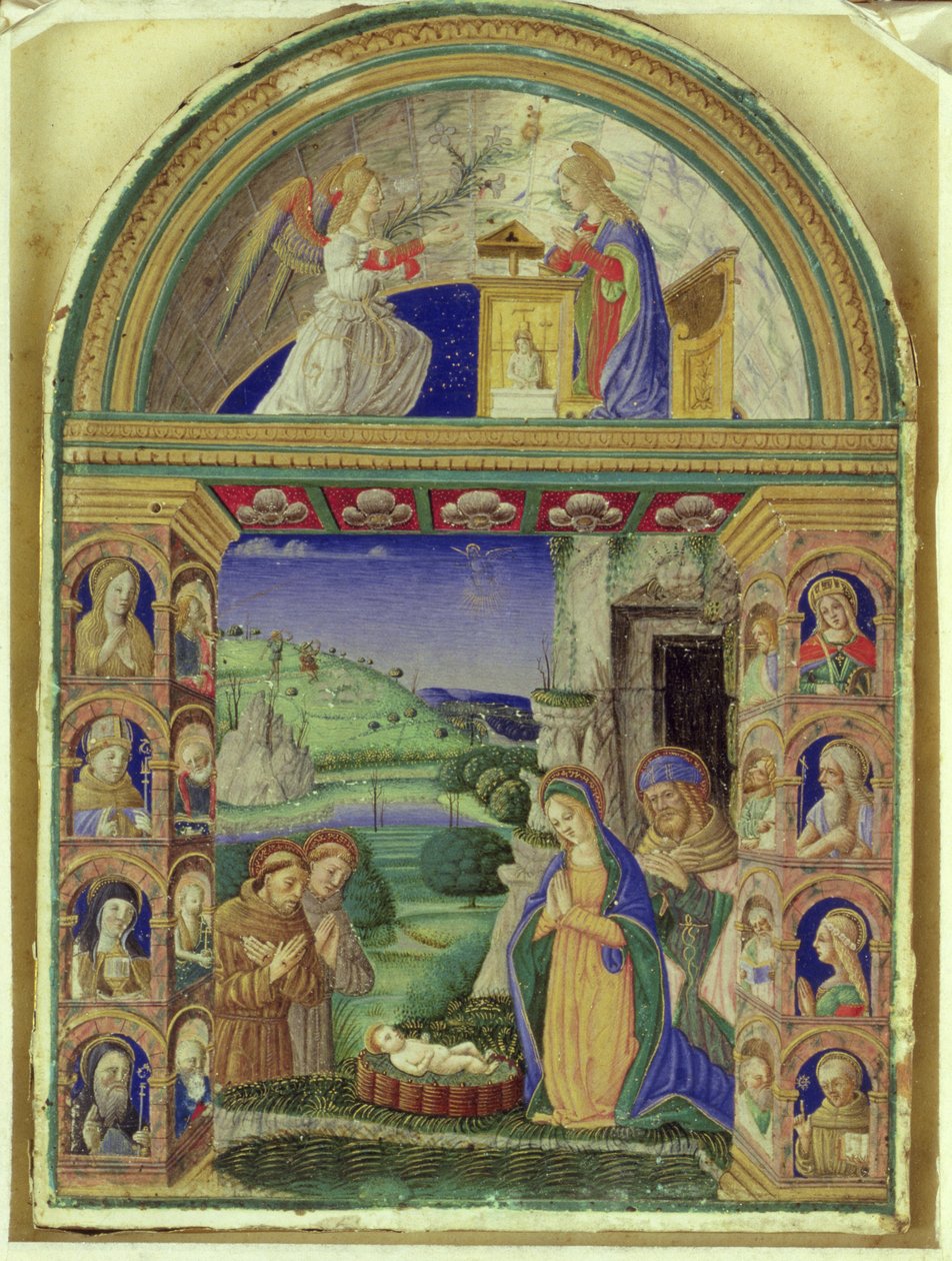 Bebudelsen, tilbedelsen af barnet af Jomfru Maria, Sankt Josef, Sankt Antonius af Padova og Sankt Frans (vellum) af Italian School
