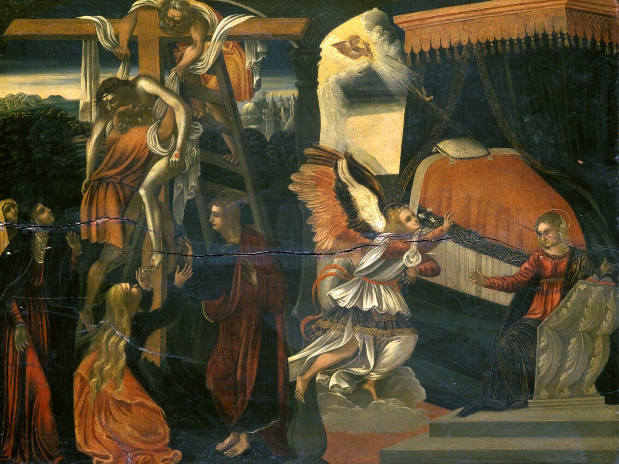 Bebudelsen og aflejringen (tempera på valnød) af Italian School