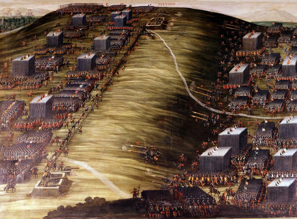 Slaget ved Det Hvide Bjerg (Trediveårskrigen) den 8. november 1620 mellem tjekkerne og de habsburgske kejserlige arméer. Oliemaling. Rom, Sakristiet i Kirken af den hellige sejrsborgmester. af Italian School