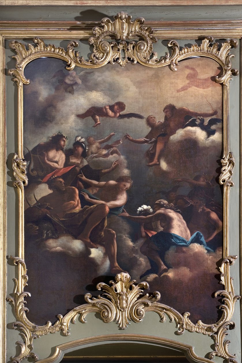 The Council of the Gods: Zeus på Olympus omgiver guddommelige. Maleri af den italienske skole (1700-tallet) af Italian School