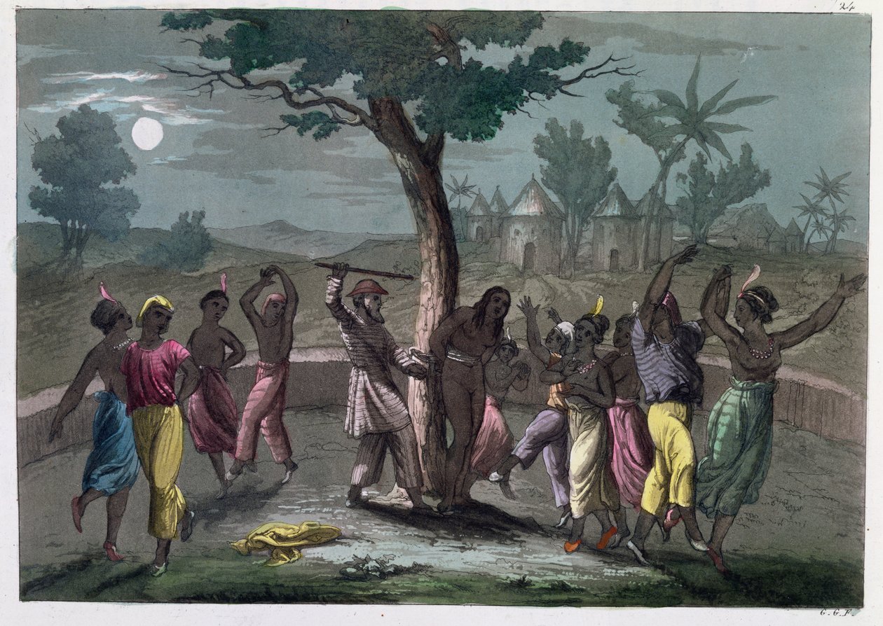 The Dance of the Mumbo-Jumbo, ifølge Mungo Parks rejser, fra A History of Costume af J. Ferrario, udgivet i Milano ca. 1820 af Italian School