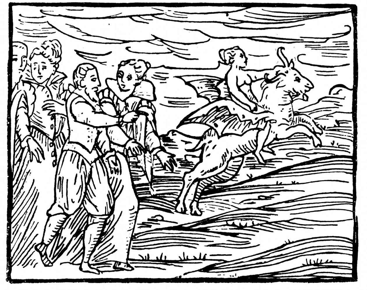 Djævelen, i form af en flyvende ged, der bærer en heks til sabbatten, illustration fra Compendium Maleficarum af Francesco Maria Guazzo, 1608 af Italian School