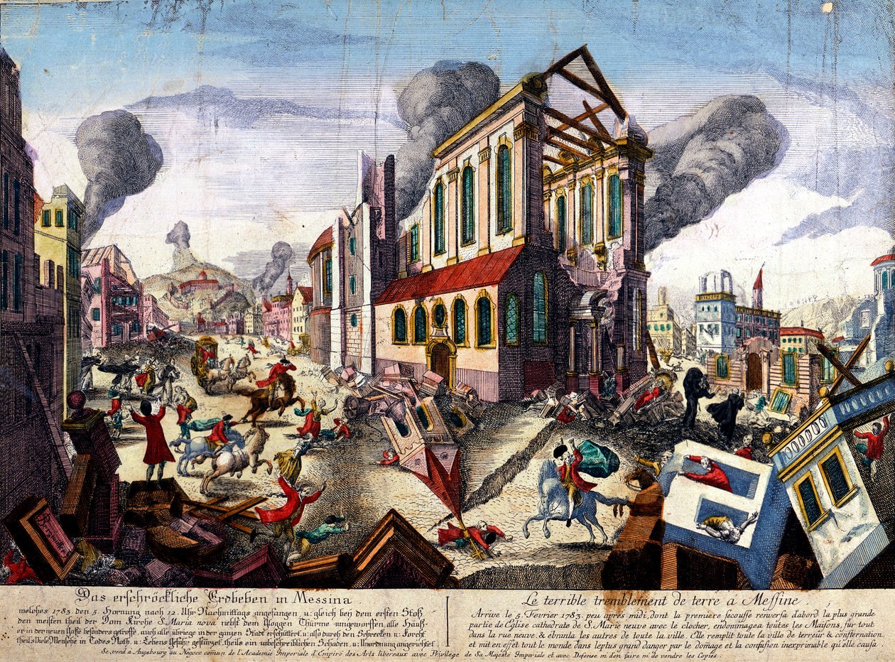 Jordskælvet i Messina i 1783 (farvet gravering) af Italian School