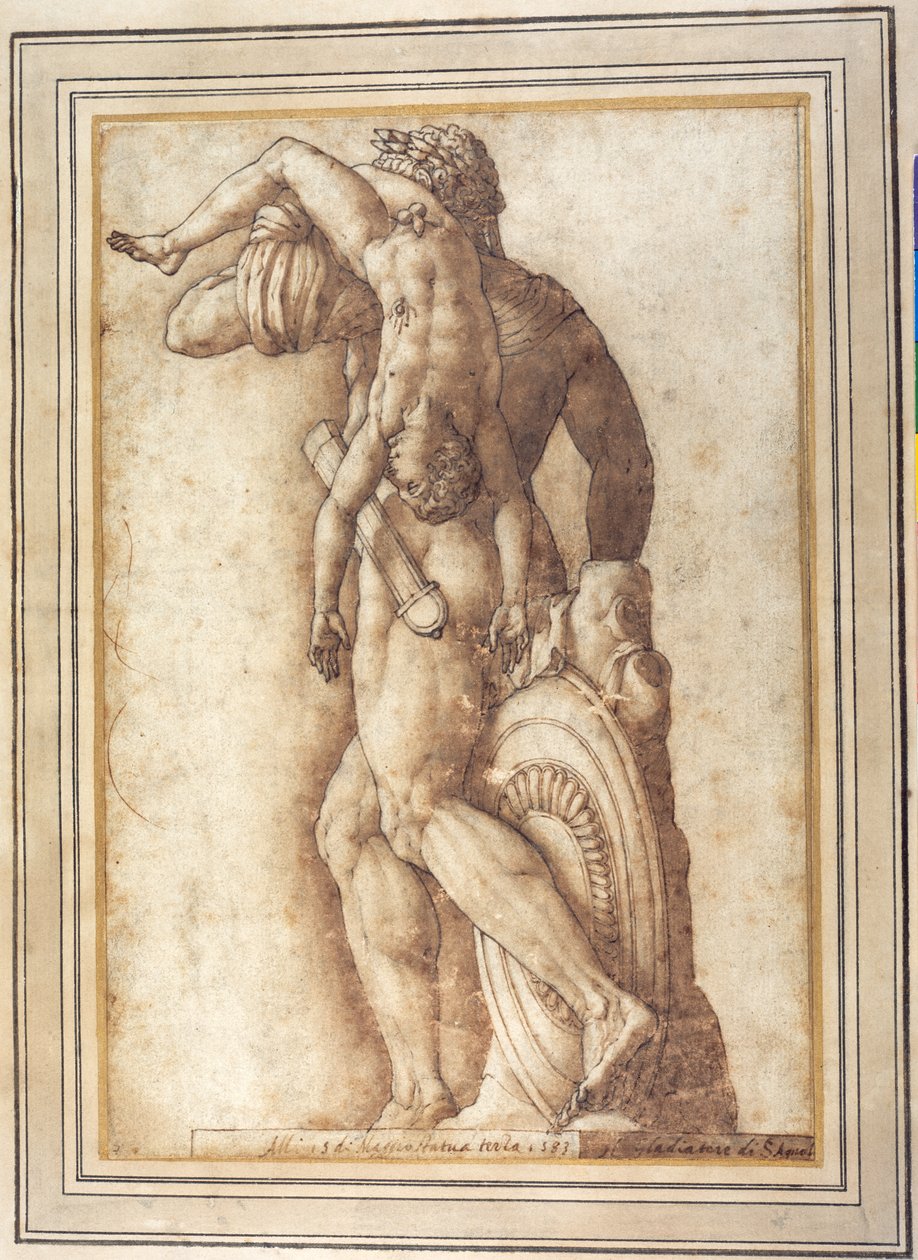Kejseren Commodus som Gladiator (pen og blæk med vask på papir) af Italian School