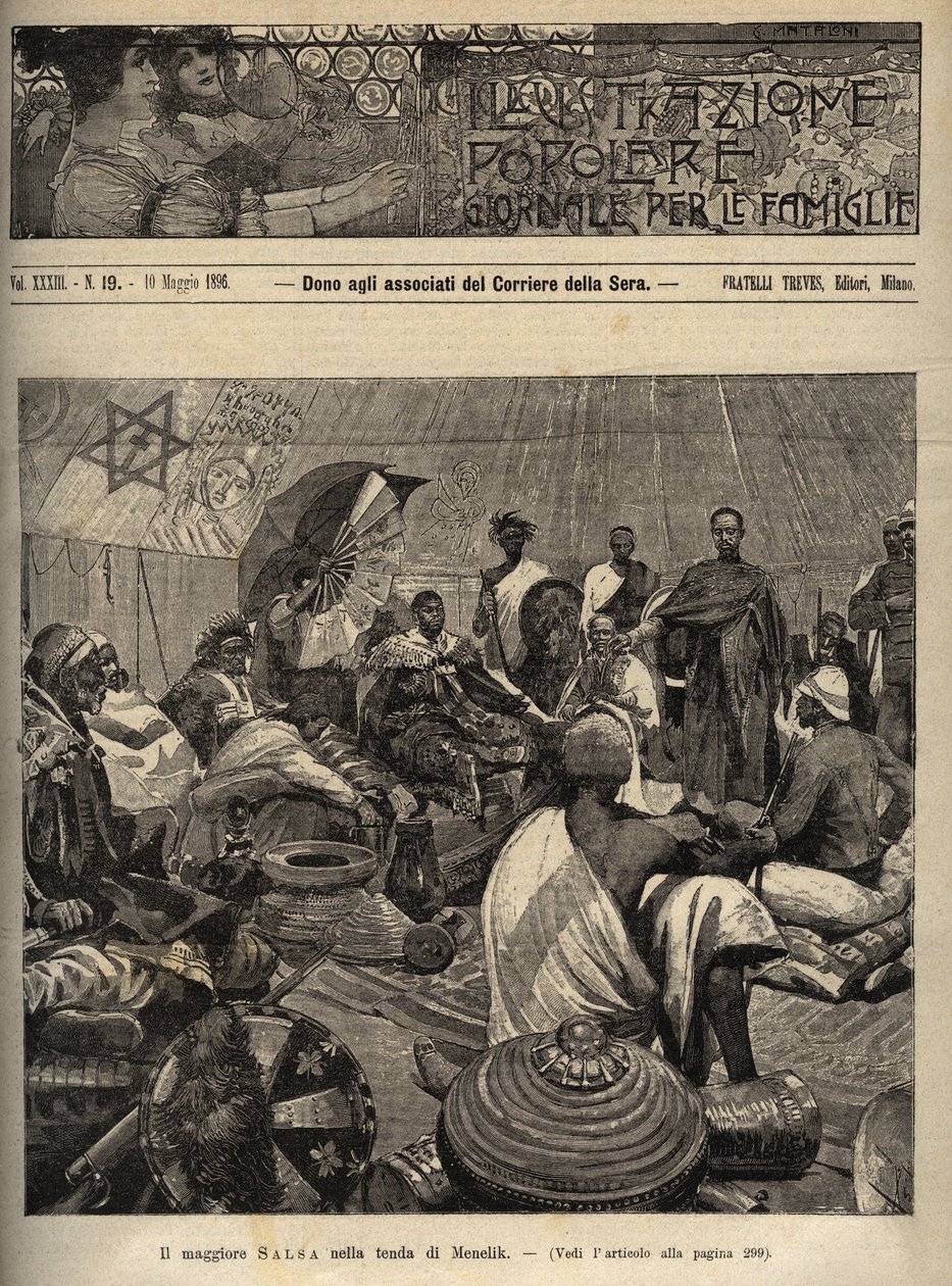 Den første italiensk-etiopiske krig (1895-1896). Major Tommaso Salsa og kaptajn Annibale Anghera før kejseren af ​​Etiopien Menelik II (1844-1913) - gravering fra "" populær illustration - avis for familier - 1896 - Fredsforhandlingerne med af Italian School