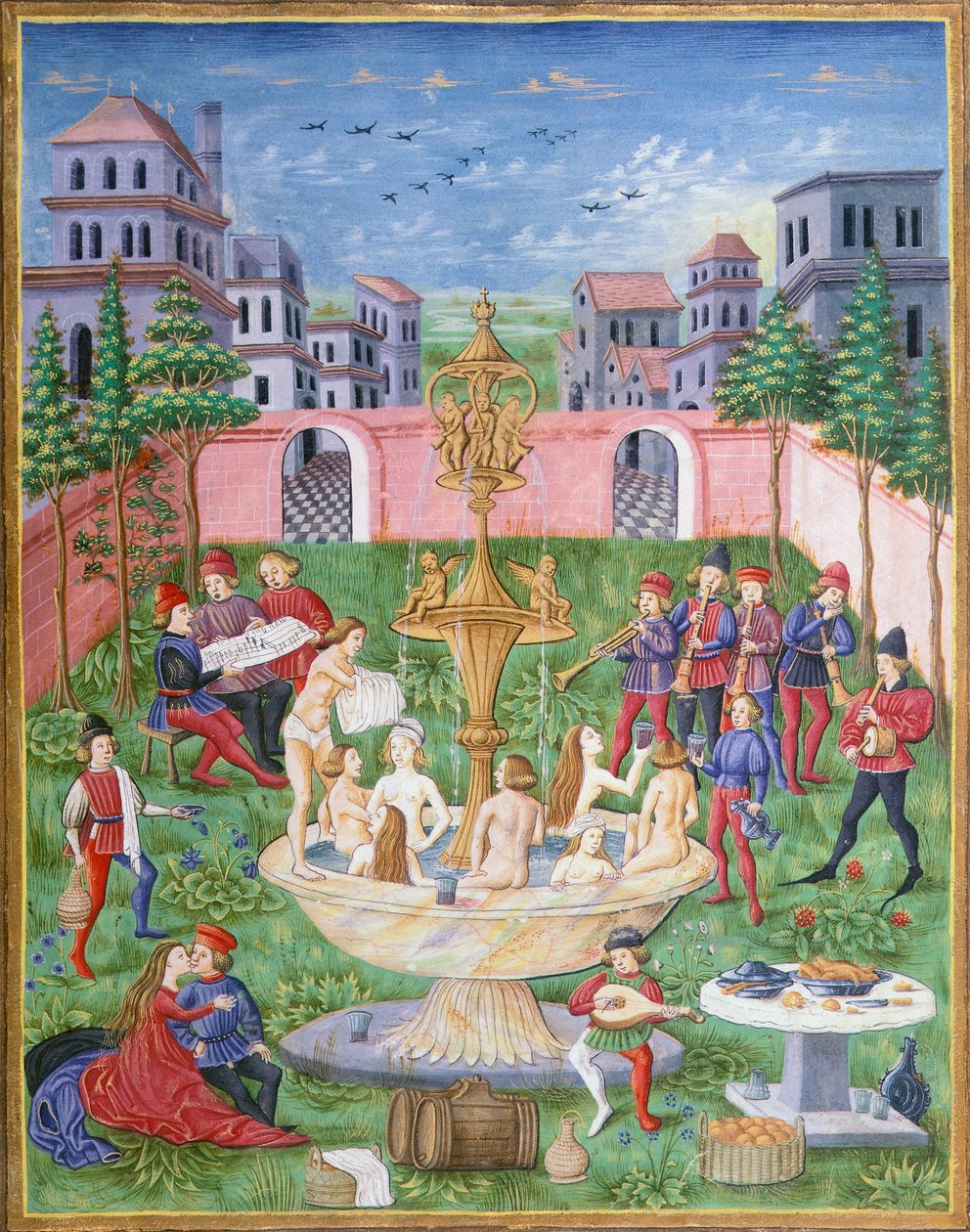 The Fountain of Life: sangere og musikere i en have, miniature fra De Sphaera, af Leonardo Dati af Italian School
