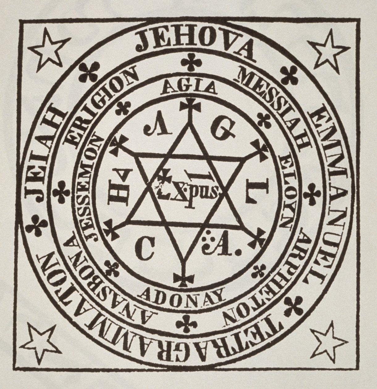 Agrippas store magiske cirkel til fremkaldelse af dæmoner, kopi af en illustration fra Les Oeuvres Magiques de Henri Corneille Agrippa, Rom 1744, brugt i en magihistorie, udgivet sent i det 19. af Italian School