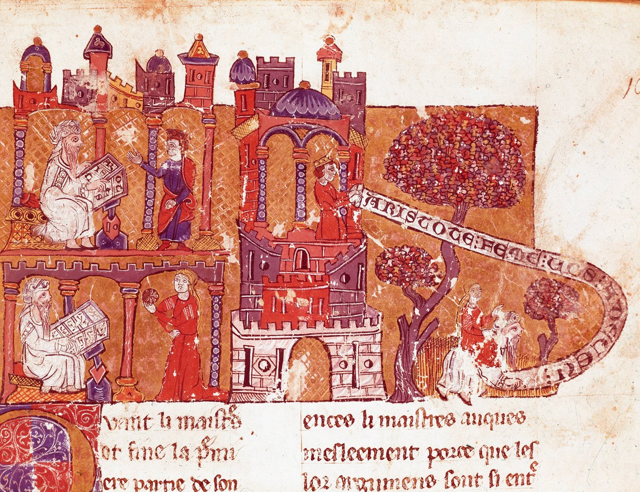 Den græske filosof Aristoteles (383-322 f.Kr.) lærer sine elever moral og kvindeforagt (mysoginia) Miniature fra et italiensk manuskript fra det 14. århundrede. Bibliotheque Inguimbertine Municipal de Carpentras. af Italian School