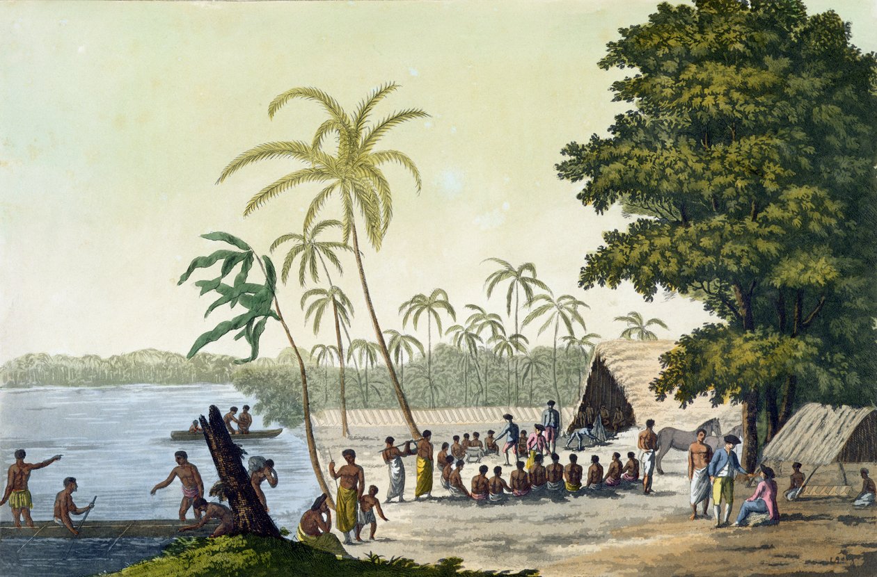 Havnen i Anamooka, plade 82 fra Le Costume Ancien et Moderne, af Jules Ferrario, udgivet ca. 1820