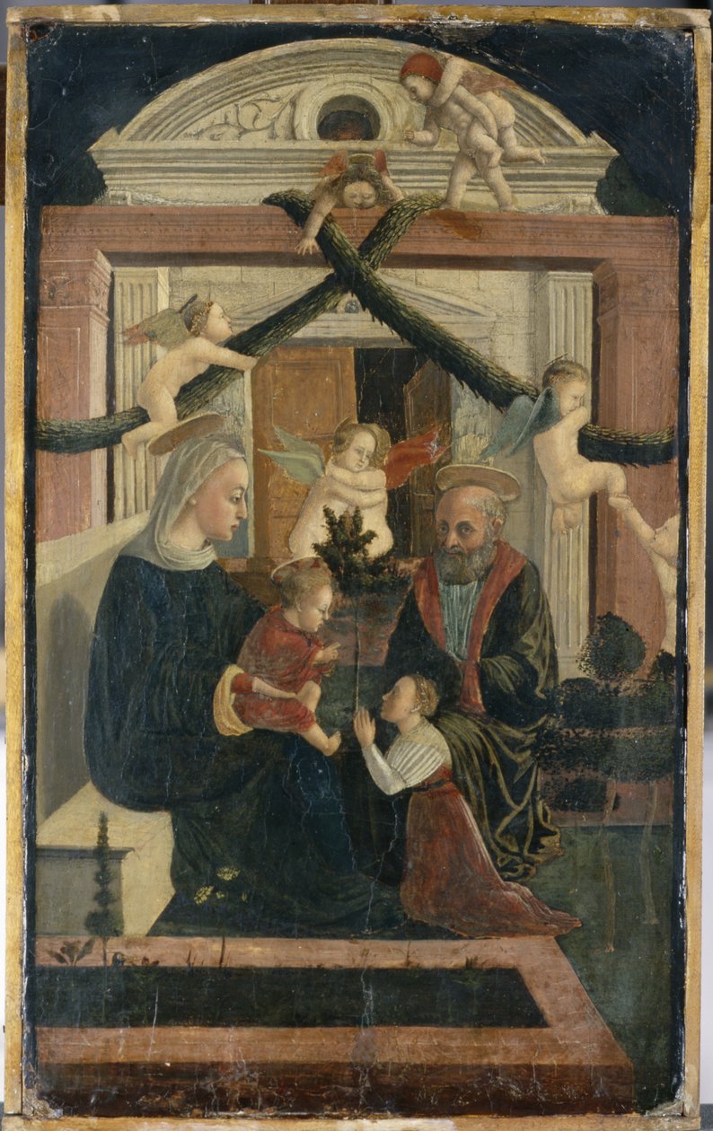 Den hellige familie med donor i bøn og spilleengle, ca. 1460 (tempera på fyrretræ) af Italian School