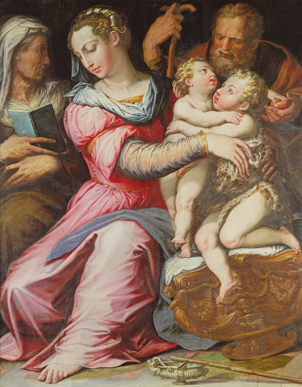 Den hellige familie med spædbarnet St. Johannes Døberen (tempera på panel) af Italian School